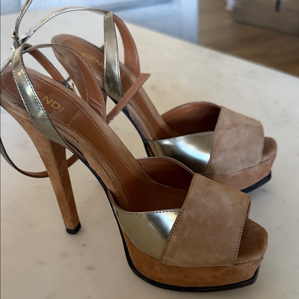 Fendi Gold and Tan Platform Heels